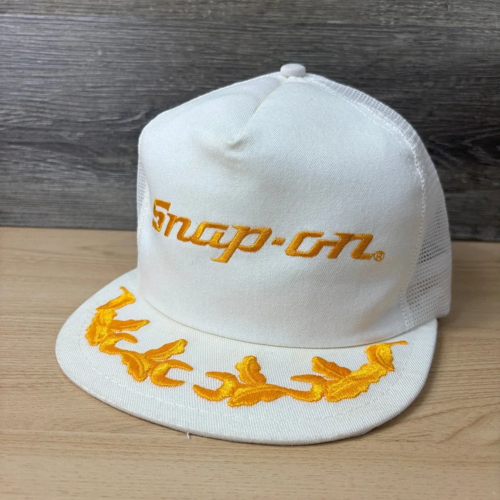 VINTAGE Snap On‎ Hat Cap Snap Back White Yellow Tools Trucker Mesh K Prodcuts
